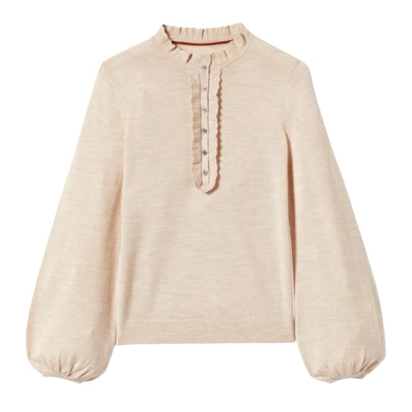 Boden Sweaters - NWT Boden Ruffle Button Front Merino Wool Sweater Heathered Oatmeal Size 10